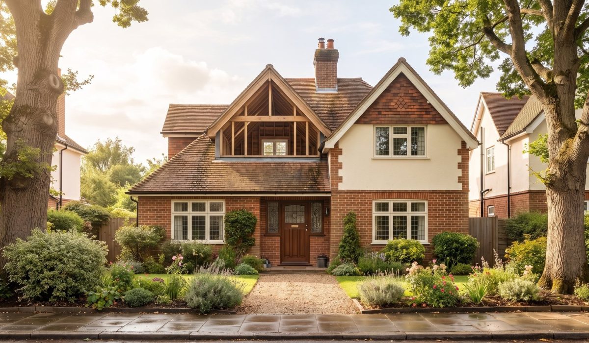 A British house exterior in bright but soft sunshine seen from the pavement, front door closed, with a clean simple composition and calm