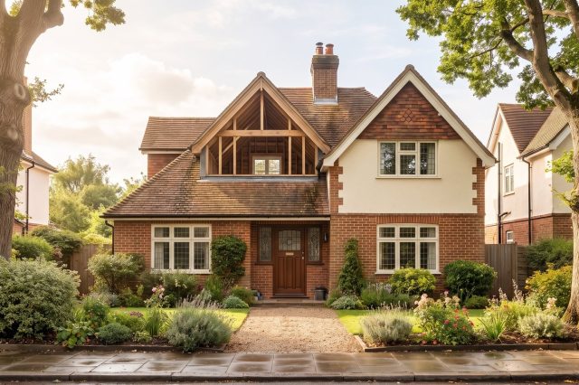 A British house exterior in bright but soft sunshine seen from the pavement, front door closed, with a clean simple composition and calm