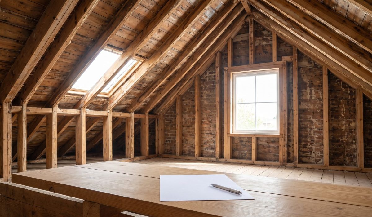 A clean stripped British loft with bare timber rafters in bright daylight