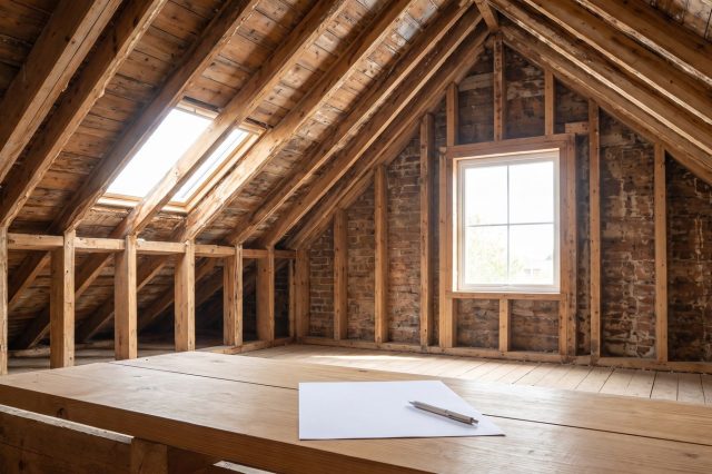A clean stripped British loft with bare timber rafters in bright daylight
