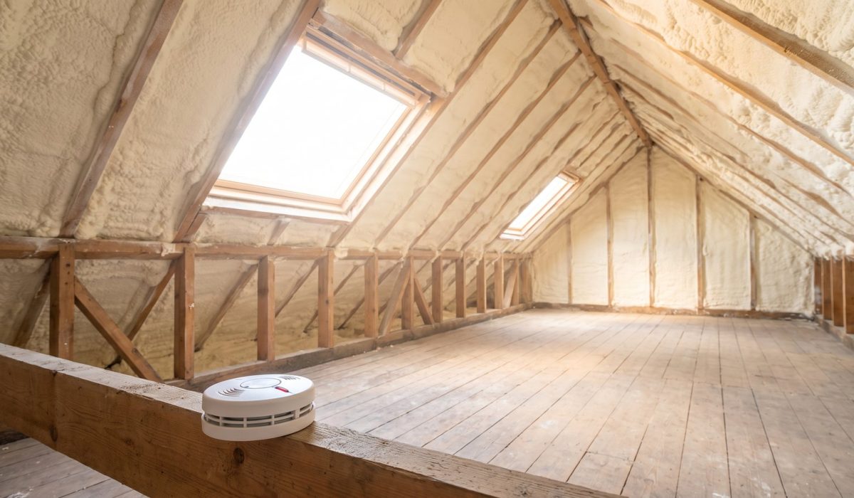 A British loft with pale spray foam on the rafters and a mains-powered smoke alarm mounted on a joist in the foreground