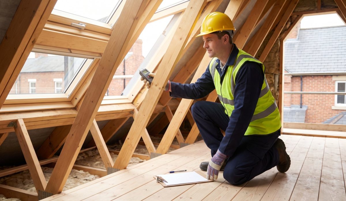 A surveyor in a yellow hard hat and hi-vis vest kneeling on loft boards in a sunlit British loft, using a moisture meter against a rafter