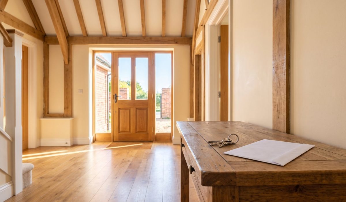 A British homeowner's sunlit hallway with a front door letting in bright daylight
