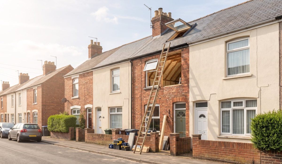 A row of modest British houses in bright sunshine, one with a loft window open and a ladder against the wall, a scene of past retrofit work