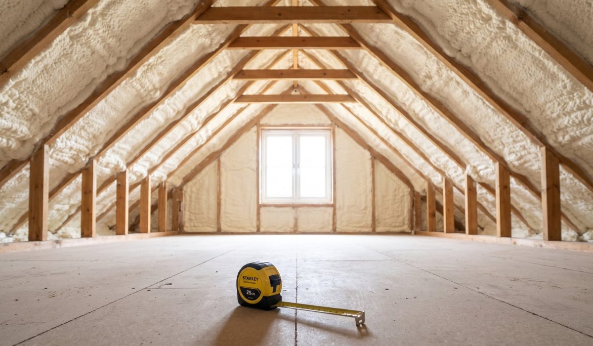 A wide bright British loft with pale spray foam covering the entire roof slope, seen from the hatch end
