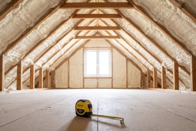 A wide bright British loft with pale spray foam covering the entire roof slope, seen from the hatch end