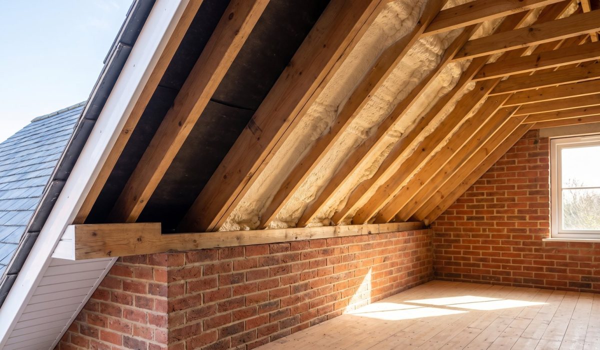 A British roof eaves in bright daylight showing clear airflow: ventilated soffit, open gap at the wall plate