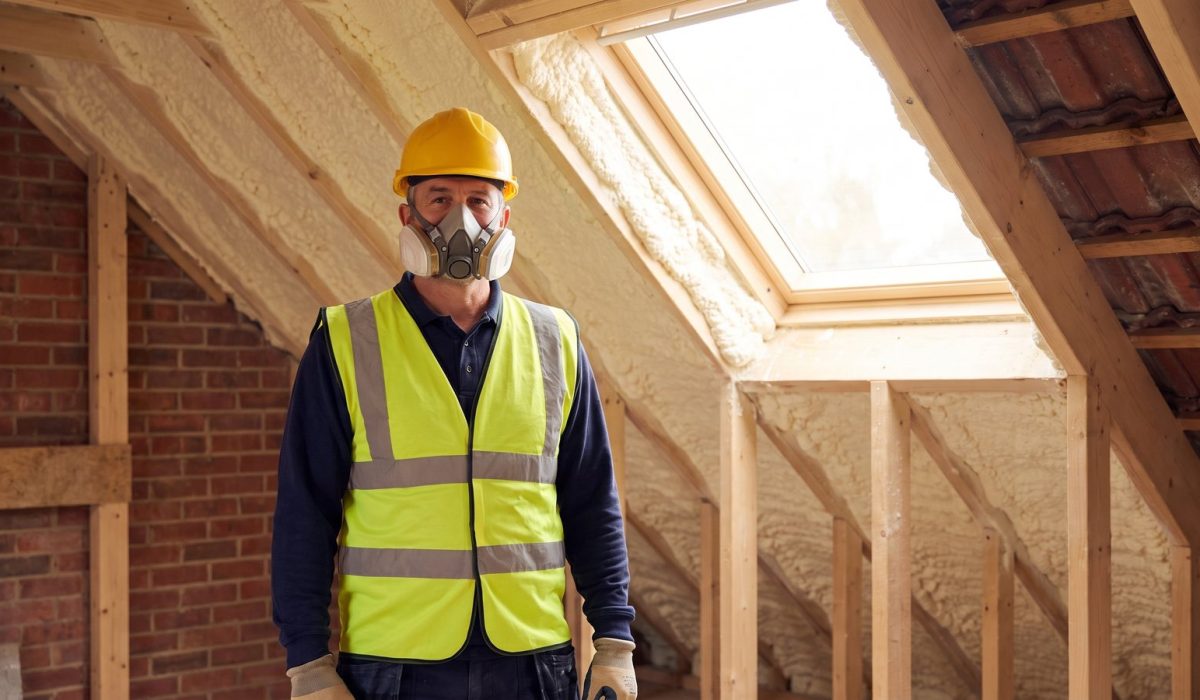 A tradesman in a yellow hard hat, hi-vis vest and a fitted respirator mask standing in a sunlit British loft with pale foam on the rafters behind him