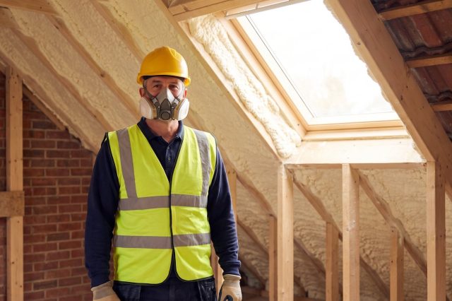 A tradesman in a yellow hard hat, hi-vis vest and a fitted respirator mask standing in a sunlit British loft with pale foam on the rafters behind him