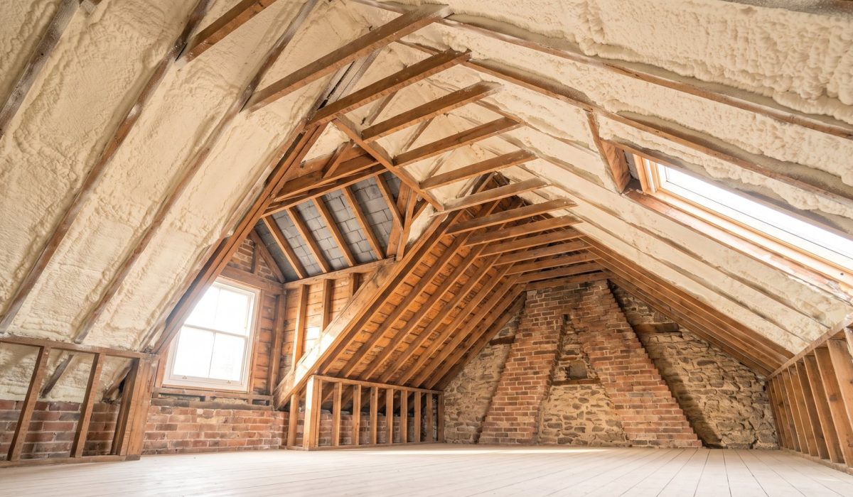 A British loft with pale foam on the rafters seen from a low angle, one clean area already stripped back to bare timber, presenting an open question