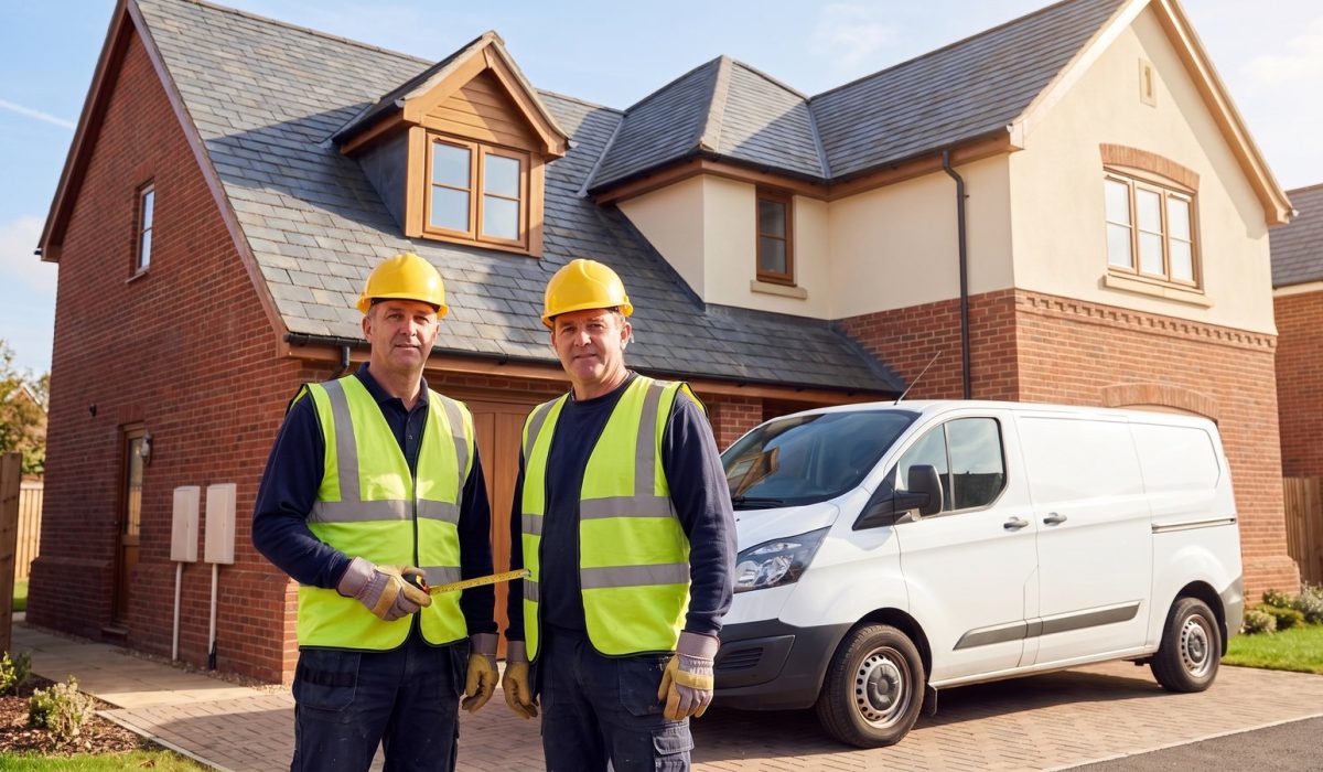 Two professional tradesmen in yellow hard hats and hi-vis vests standing confidently in front of a British house on a sunny day