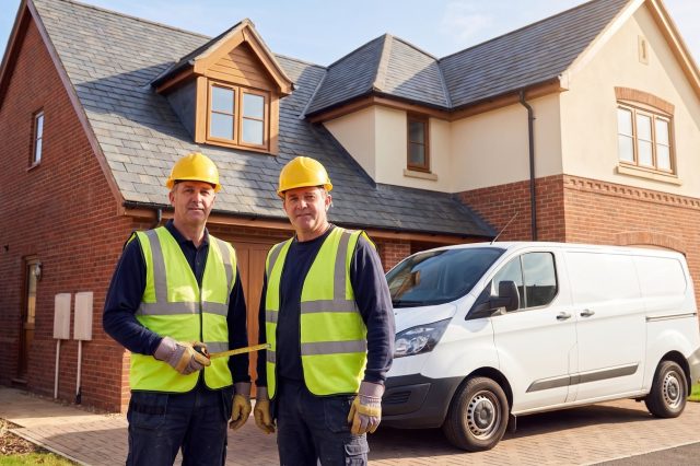 Two professional tradesmen in yellow hard hats and hi-vis vests standing confidently in front of a British house on a sunny day
